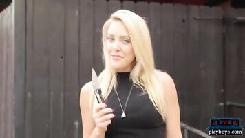 Big tits chick has 8 orgasms from erotic knife play