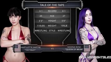 Charlotte Sartre vs Sheena Rose in nude lesbian wrestling
