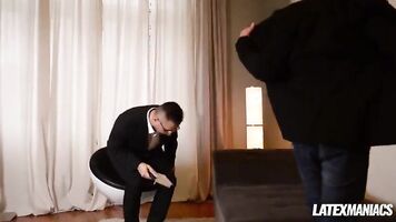 Submissive Latex Lucy spanked, fingered and dominated by two studs